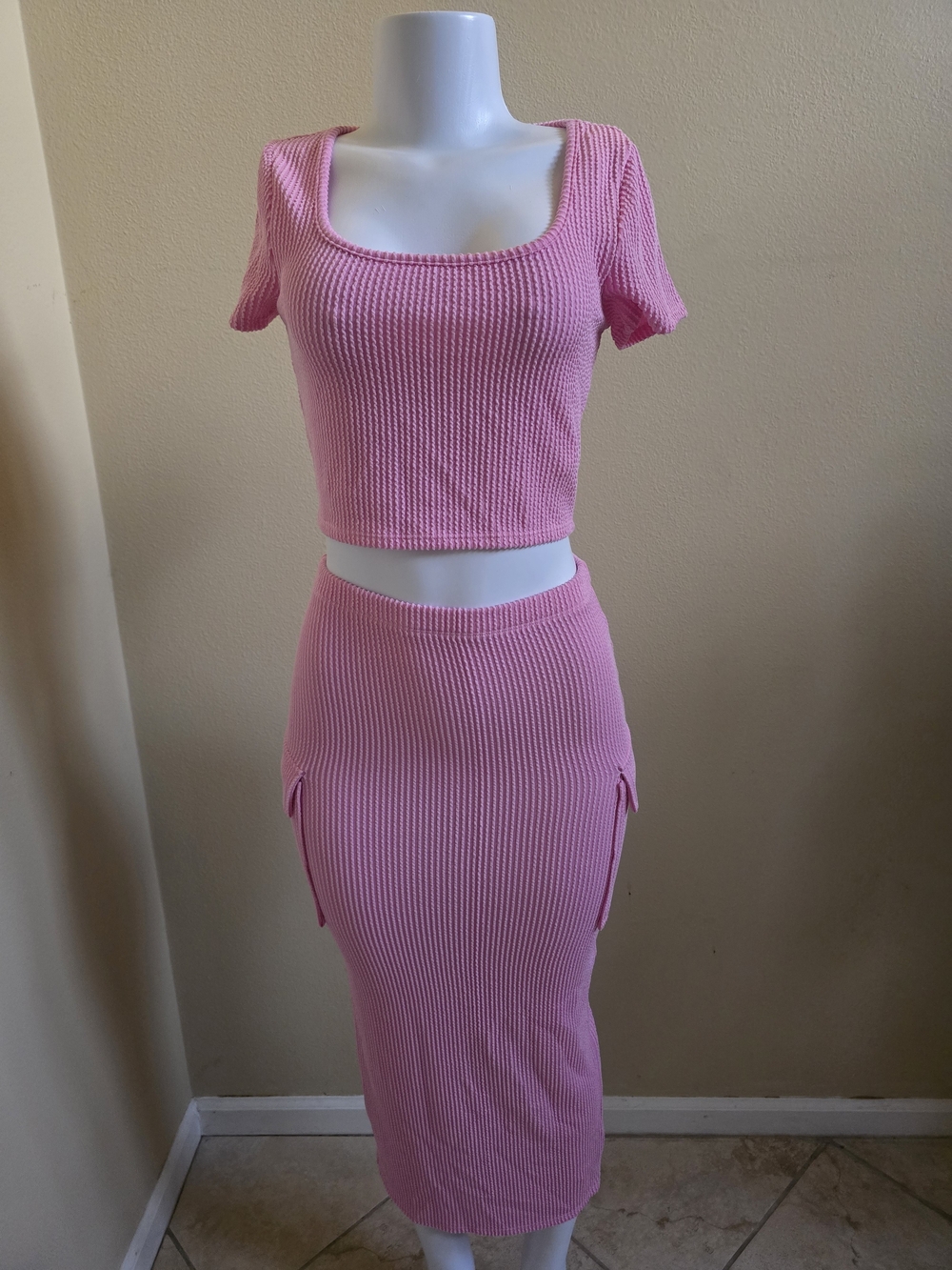 Pink Ribbed Two-Piece Crop Top and Midi Skirt Set